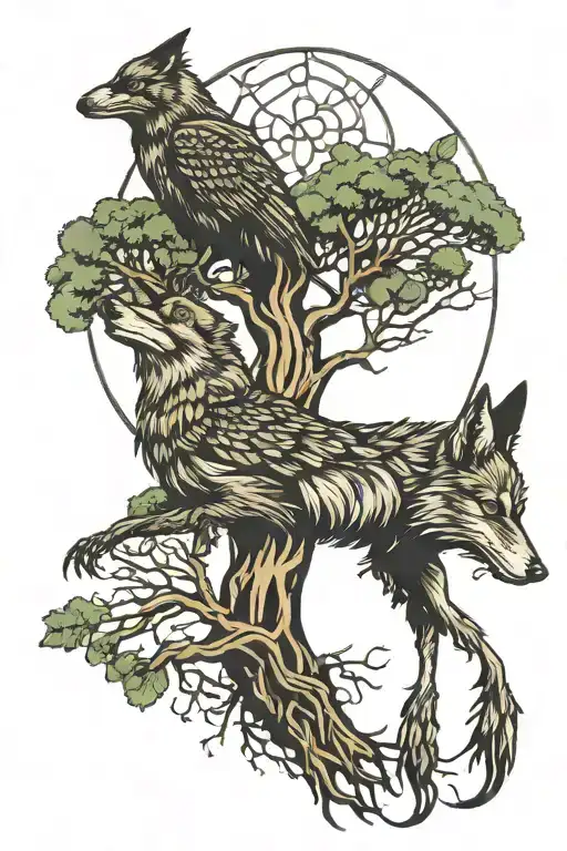 crow coyote tree of life intertwined tattoo design idea