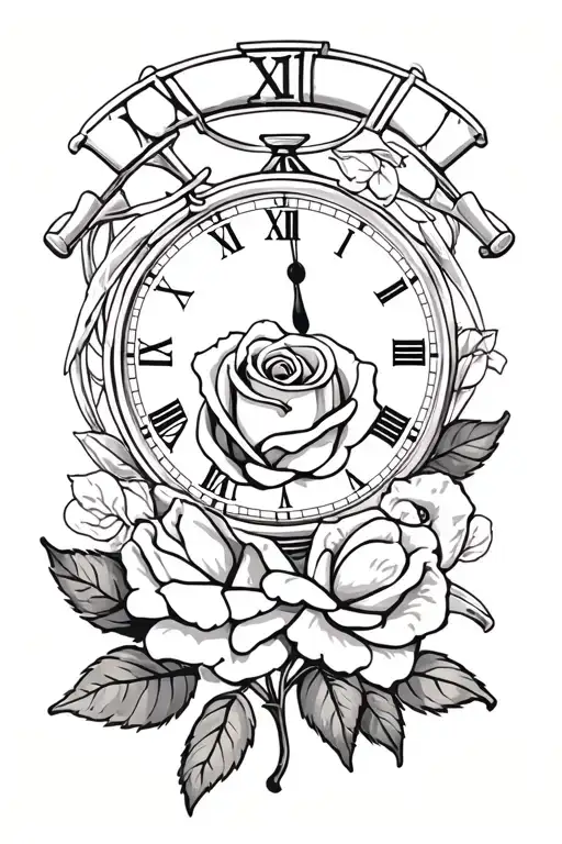 rose with a clock with Roman numerals and baseball bats  tattoo design idea