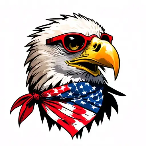 Bald Eagle wearing an American Flag bandana and red framed sunglasses with dark lenses. tattoo design idea