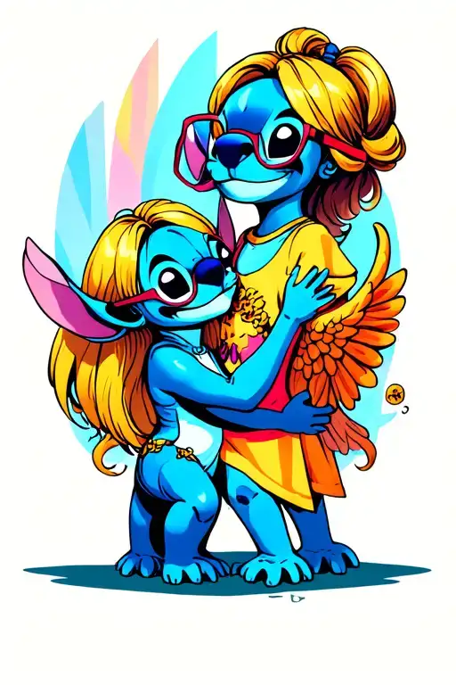 from lilo and stitch Angel with blonde hair and stitch with glasses kissing tattoo design idea