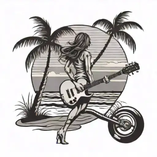 A black and grey tattoo of a woman walking on a beach at sunset, with a fender guitar leaning against a palm tree tattoo design idea