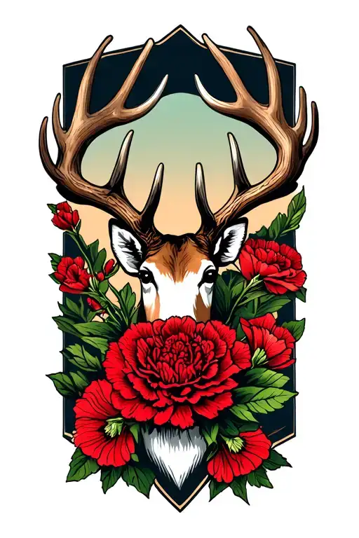 deer antlers, red carnation, amazing grace tattoo design idea