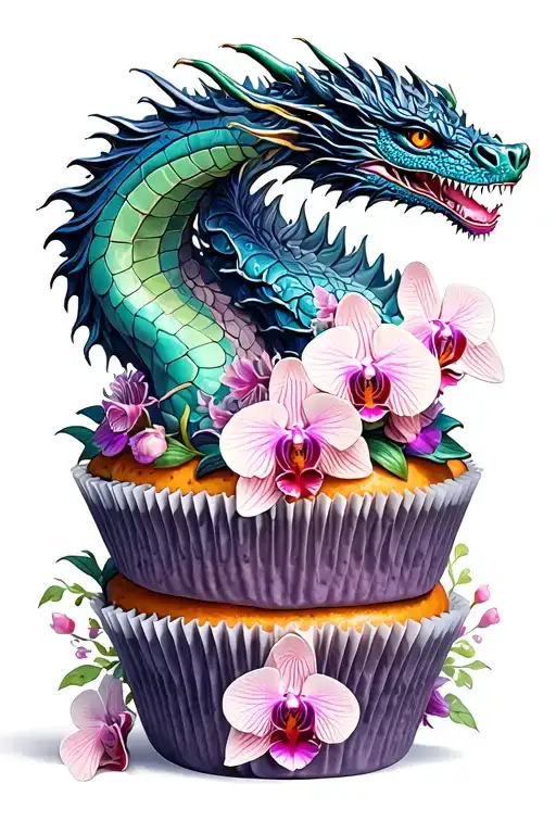Dragon themed cupcake tower with intricate orchid decorations tattoo design idea