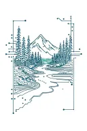 microchip circuit infused with forest with river flowing and  mountain in background  tattoo design idea
