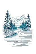 microchip circuit infused with forest with river flowing and  mountain in background  tattoo design idea