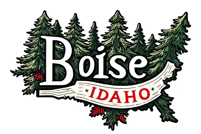 Christmas tree outline with the shape of Idaho inside and Boise printed tattoo design idea