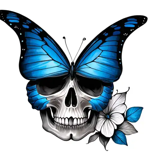 blue butterfly human skull tattoo design idea