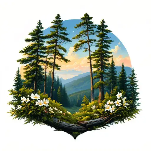 blue ridge parkway, pine trees, cedar trees and dogwood flowers surrounding the edge tattoo design idea