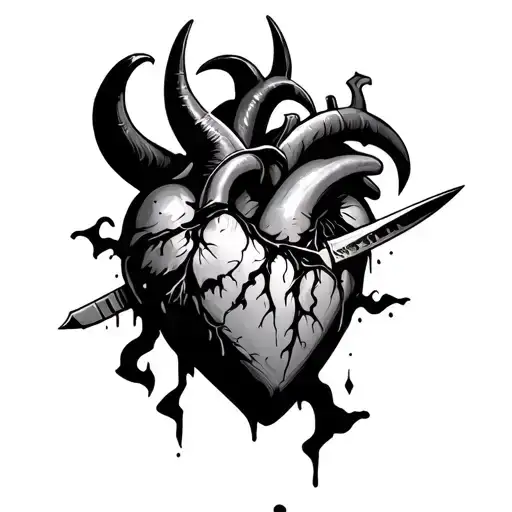 a heart with demon horns that has been stabbed with a knife going thru the middle  tattoo design idea
