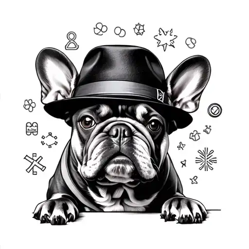 A French bulldog named Snow wearing a director's hat, surrounded by symbols of sales department, with a group of girlfriends in the background tattoo design idea
