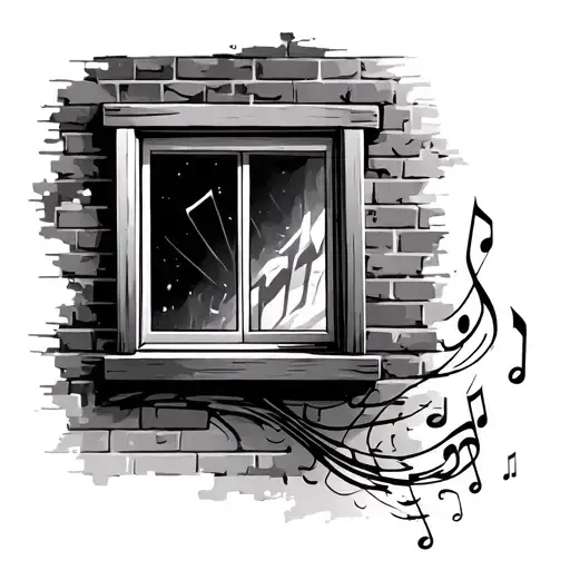a window in an unfinished brick wall with music notes flowing out  tattoo design idea