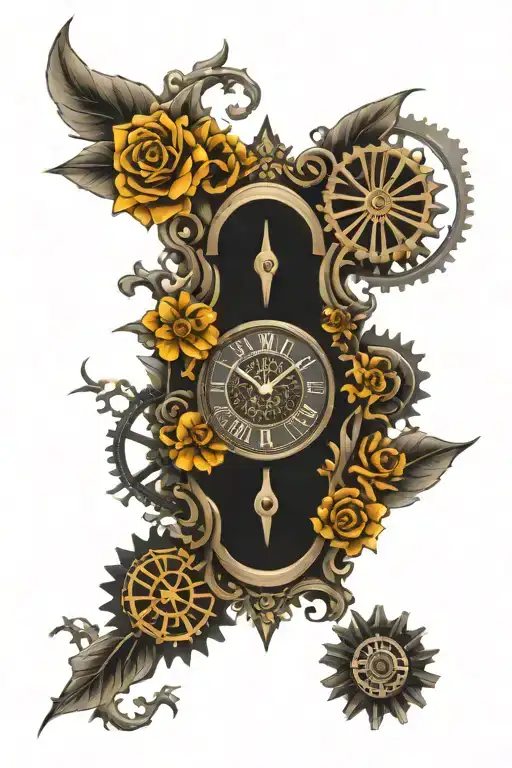 clock with gears,flowrs,shading ,japanes culture,samuri  tattoo design idea