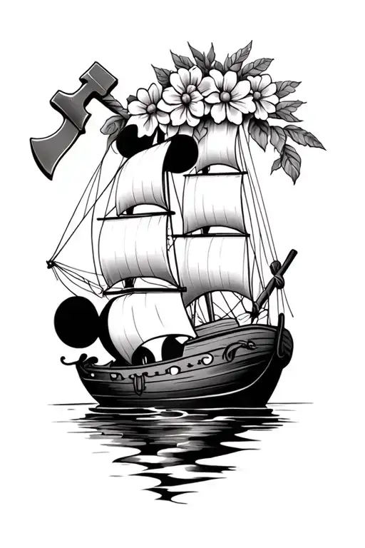 can you please make me a half sleve tattoo with a small minnie mouse , sail boat and an axe with flowers  tattoo design idea
