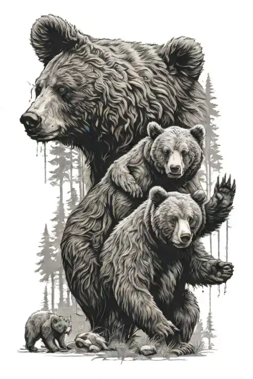bear rours, and bear wife anda 2 bear child and forest tattoo design idea