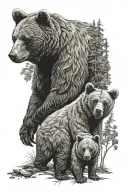 bear rours, and bear wife anda 2 bear child and forest tattoo design idea