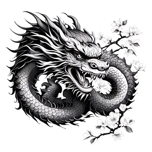Chinese New Year Dragon with Buddism Peace Sign and Cherry Blossom in the background tattoo design idea