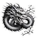 Chinese New Year Dragon with Buddism Peace Sign and Cherry Blossom in the background tattoo design idea
