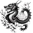 Chinese New Year Dragon with Buddism Peace Sign and Cherry Blossom in the background tattoo design idea