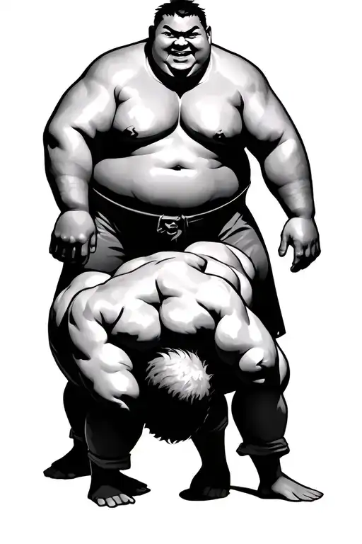 grandfather on top and one sumo wrestler and to wrestlers tattoo design idea