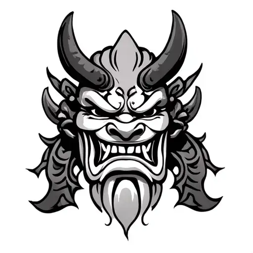 japanese oni mask and shrine tattoo design idea