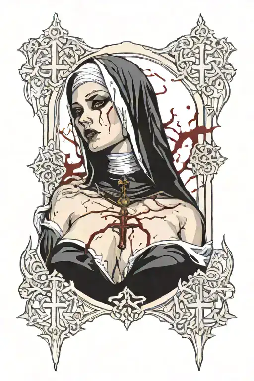 Sexy Nun, huge boobs,, revealing attire, seductive facial expressions, gold cross dripping blood, Lingerie, sexual tattoo design idea