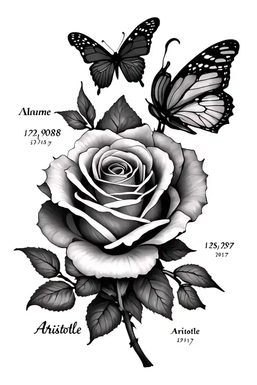fine line rose sleeve with butterflies and cursive writing with the name Aristotle and the dates 1/25/1988-5/29/2017 tattoo design idea