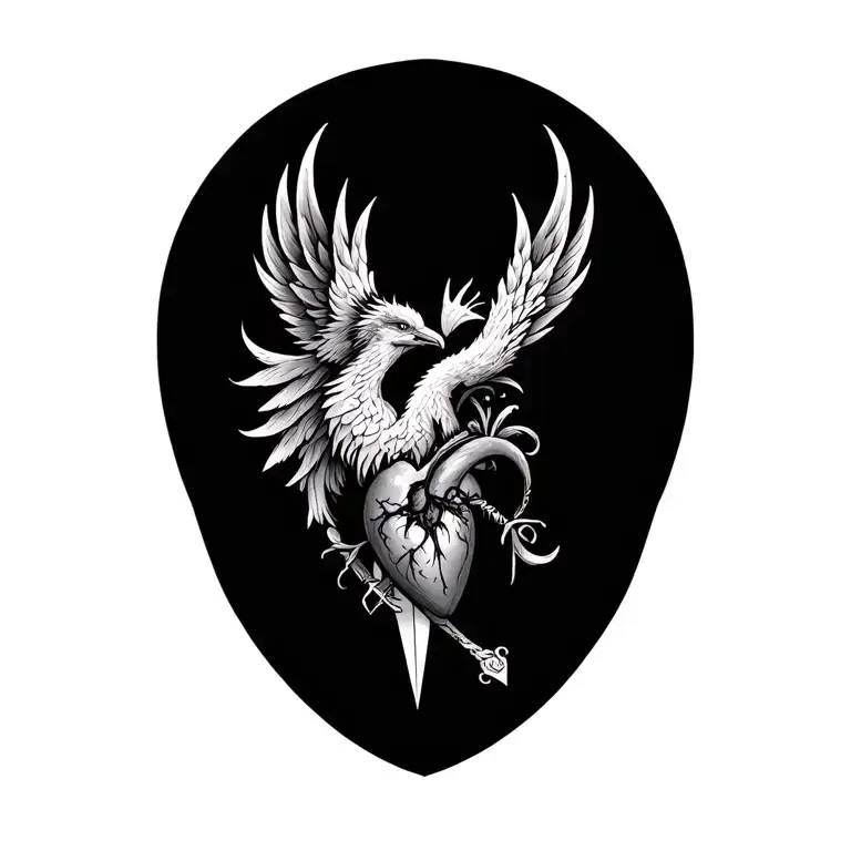 "24" Phoenix with dagger organic heart tattoo design idea