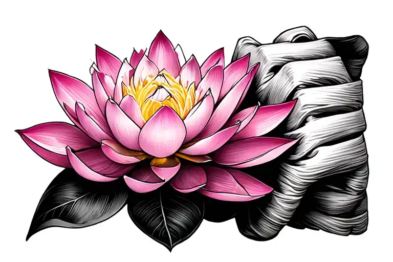 A realistic tattoo design of a pink lotus flower with golden petals, wrapped by Muay Thai hand wraps (white fabric with  tattoo design idea