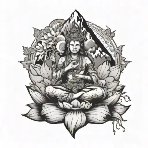 beautiful pachamama  sit on lotus holding the earth with mountain background tattoo design idea
