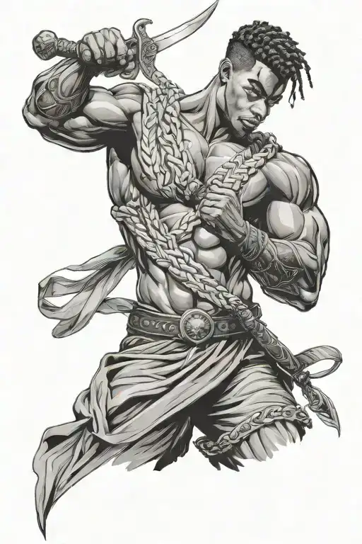 braid hair black man muscle body shaped like holding a sword tattoo design idea
