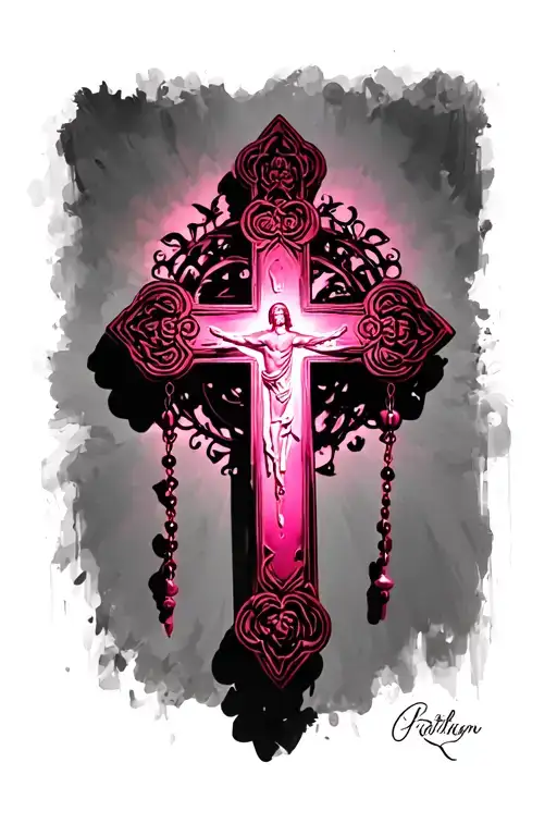 Pink, jesus christ cross, rosary symbol shadow light tattoo design idea