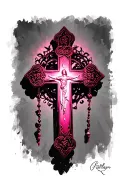 Pink, jesus christ cross, rosary symbol shadow light tattoo design idea