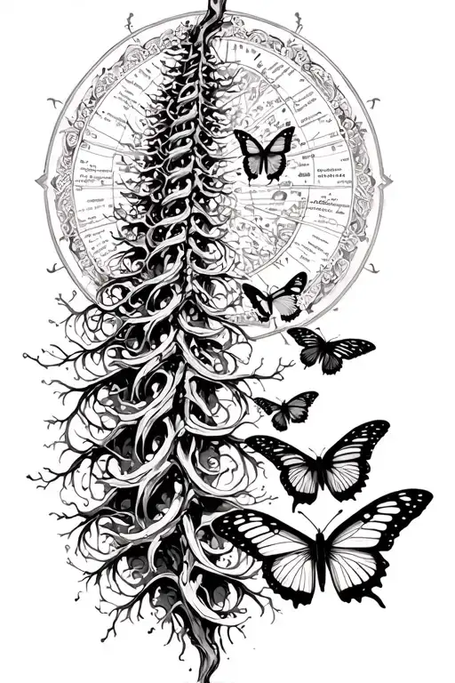 Geographic black and white tattoo to go on spine. Family tree, butterflies. Gothic style tattoo design idea