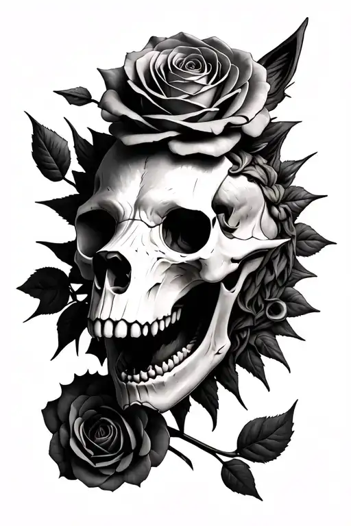 wolf skull,  rose wraped around two to three roses on top, spikes, -slavic symbols: Stribog, Morok, Belobog tattoo design idea