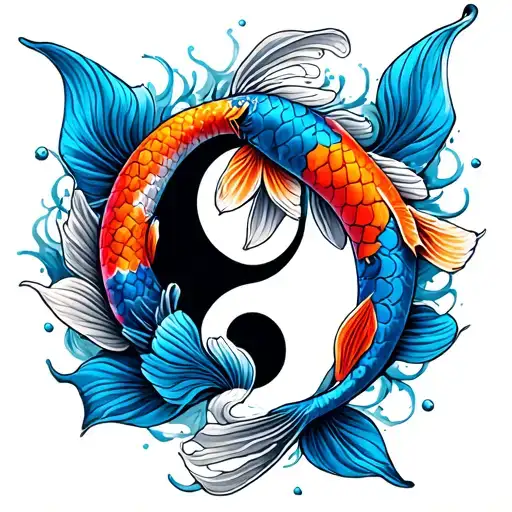 Blue and orange koi Fish yin yang symbol tattoo design idea