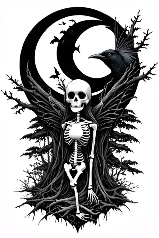 Forest, fairy tale, skeleton, raven forest moon tattoo design idea