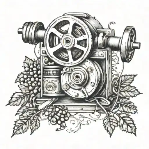 A film reel intertwined with carpentry tools, surrounded by hop vines tattoo design idea