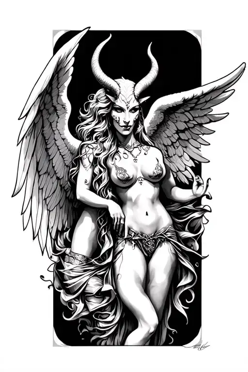 devil with a hot women angel, time, love, money and adventure  tattoo design idea