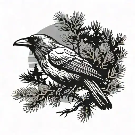 Raven and pinetree tattoo design idea