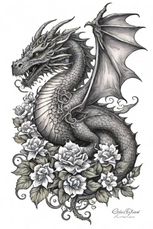 dragon, feminine, i am the sky and power of every storm, violets  tattoo design idea
