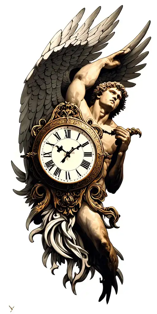 clock with male angel tattoo design idea