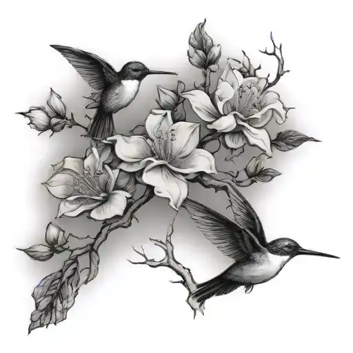 black tree, 2 magnolias, 2 hummingbirds flying towards tattoo design idea