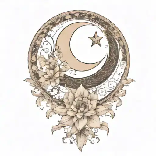 crescent moon above, floral, art nouveau  tattoo design idea