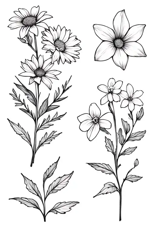 Fineline dainty flower bouquet with these 6: aster, morning glory, holly, paperwhite narcissus, daffodil, cherry blossom tattoo design idea