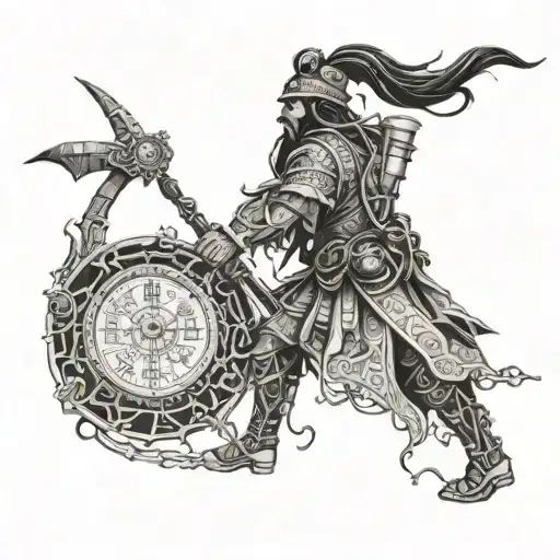 A time-traveling shaman casting spells to prevent wars in history tattoo design idea