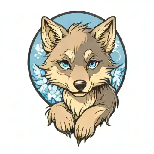 happy wolf puppy with blue eyes surrounded tattoo design idea