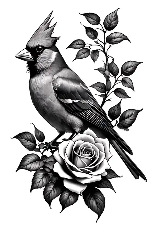 cardinal bird and rose tattoo design idea