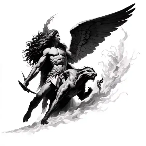 warrior angel coming from heaven slaying a demon tattoo design idea