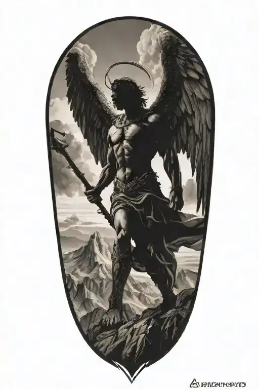 A silhouette of Archangel Michael with a mountain range in the background, symbolizing strength and faith tattoo design idea