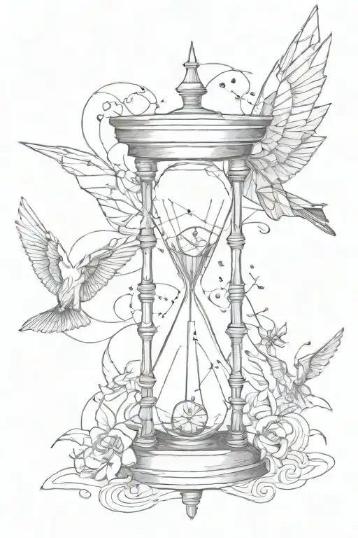hourglass, compass, origami crane flying tattoo design idea